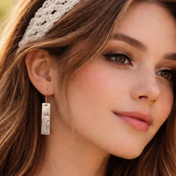 2/$30 🔥 Hand Stamped Silver Bar Earrings | Dandelion Botanical Drop Earrings - Picture 2 of 4